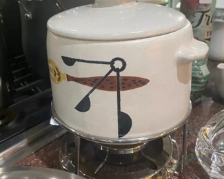 Mid-Century West Bend ceramic bean pot with warming stand