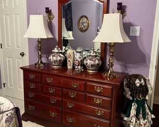 American Drew Dresser with Mirror, Solid Brass Vintage Table lamps, Oriental Ginger Jars, Bashful Girl 