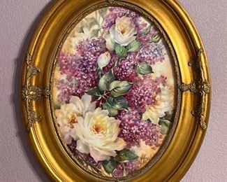Elegant VINTAGE signed hand Painted Porcelain Plaque framed in oval gold frame #1
