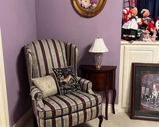 Vintage Oval Gold Framed Hand Painted Porcelain plaque #2, Custom Upholstered Royal Purple and Green wing back chair, Small Waterford Crystal lamp, Small Half Table