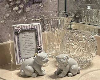 Fitz Floyd Dog Figures, Crystal Vase, Crystal Rose Bowl
