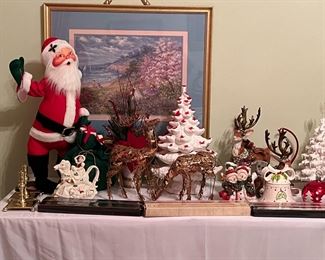 LARGE VINTAGE ANNALEE santa!! Vintage Atlantic mold three piece Ceramic Christmas tree, Fitz and Floyd large Christmas Deer figures, Lenox Christmas Teapot Rocking Horse