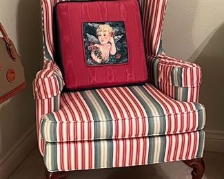 Custom upholstered Candy Stripe Pink and Green wing back Chair #1, Custom hand painted Cherub Pillow