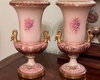 Matching Pair Royal Porcelain Swan handle urn vases