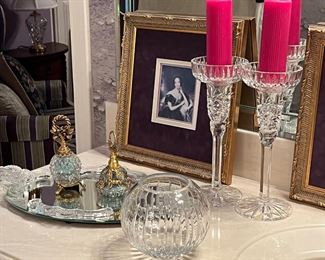 Glass oval dresser tray,  Globe dresser bottles, Rose bowl, Crystal Candlesticks