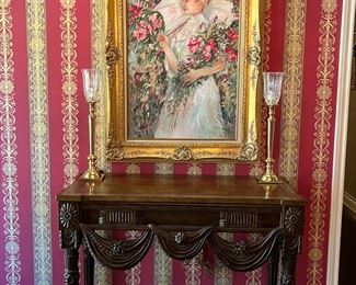 Exceptional Quality hand carved Entry Table, Candlestick Lamps, Large Lady with Roses and Parasol Oil Painting 