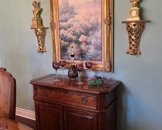 Oak Buffet Server , AJKA Purple cut to clear decanter and wine hocks