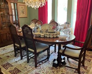 Drexel Formal Dining Room Table, Two Arm Chairs and four Side chairs with custom covers