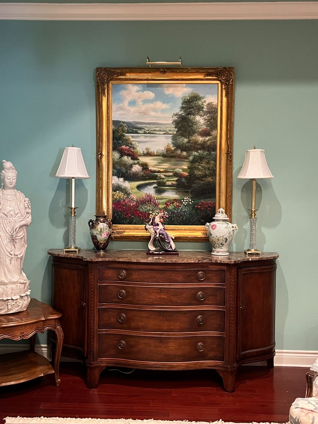 Large Oil Painting by Jean Stephens, Waterford Lamps, Haviland Limoges France Ginger Jar, Florence Italy  Signed Numbered  Woman and Child Figure.