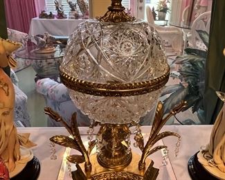 Gorgeous Crystal Pineapple Finial Globe lamp with ornate brass base.