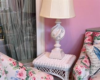 Wicker table. porcelain lamp