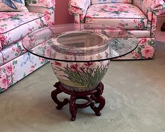 KOI pond oriental pot with carved base and glass top table