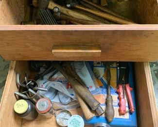 Two drawers with needle files, and blacksmith, face, claw, tack, ball pein, anvil&nbsp;and other specialty hammers