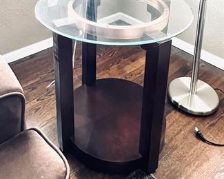 Contemporary End table (two available) w/ Wood Frame and Copper Tone Ring that holds Glass Top.