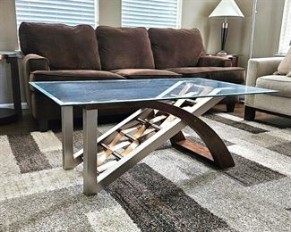 Contemporary Coffee Table with Glass top, wood and mixed metals base