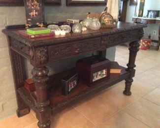 carved entry table with 2 drawers