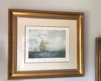engraved ship at sea