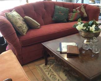 Lovely rose velvet camel back sofa