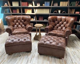 Now $2240.00 - Was $3,200.00 Pair Restoration Hardware “Churchill” leather chairs & ottomans  Chairs: 36"h x 38"w x 40"d                                             Ottomans: 16"h x 28"w x 23"d  *tear to one arm