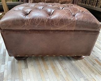 Now $2240.00 - Was $3,200.00 Pair Restoration Hardware “Churchill” leather chairs & ottomans  Chairs: 36"h x 38"w x 40"d                                             Ottomans: 16"h x 28"w x 23"d  *tear to one arm