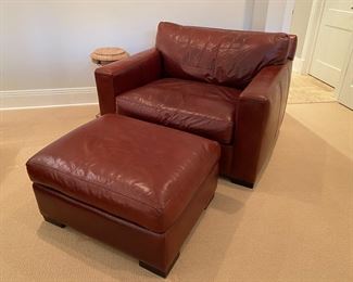 Now $850.00 - Was $1200.00 Crate and Barrel “Axis” leather chair & ottoman  Chair: 48"W x 43"D x 32"H                                               Ottoman: 32"W x26"D x 17"H