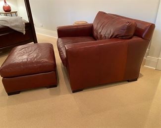 Now $850.00 - Was $1200.00 Crate and Barrel “Axis” leather chair & ottoman  Chair: 48"W x 43"D x 32"H                                               Ottoman: 32"W x26"D x 17"H