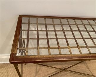 Now $192.00 - Was $275.00 Gold iron & glass console table 29"h x 36"w x 12"d