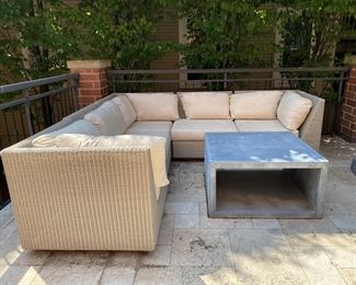 Janus et Cie woven sectional sofa  30" h x 104" x 106" x 36"d     cushions need cleaning or replacement