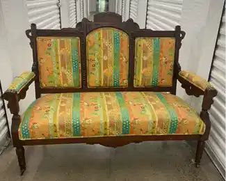 Now $385.00 - Was $550.00 Eastlake settee in fun, colorful fabric   *Pick-up in Wilmette
