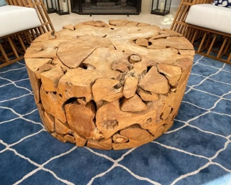  Williams Sonoma sliced teak coffee table                          16"h x 39" diameter