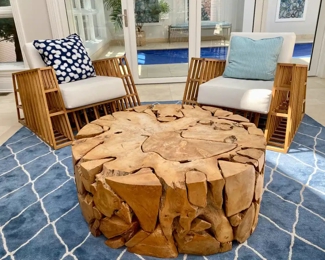  Williams Sonoma sliced teak coffee table                          16"h x 39" diameter