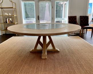  Custom limed oak dining table with zinc center  32"h x 72" diameter 