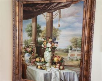Framed Large Painting of Dining Still Life with Fruits and Flowers, 46” w x 58” h