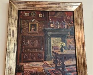 Gold Framed Oil Painting of Home Interior, 30” w x 35” h
