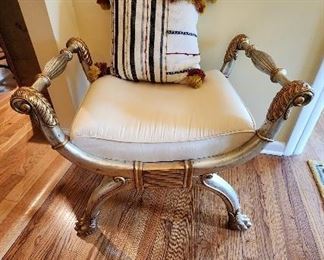 Pair of Cushioned Silver/Gold Rolled Arm Bench, 31” w x 27” h x 25” d