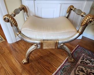 Pair of Cushioned Silver/Gold Rolled Arm Bench, 31” w x 27” h x 25” d
