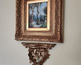 Pair of Gold Framed Paintings of Mediterranean Patio Overlooking Sea, 19” w x 21” h