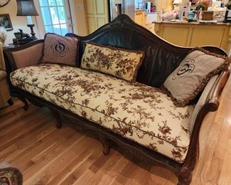 Elegant Rolled Arm Leather Back Floral Upholstered Sofa, 81” w x 46” h x 36” d