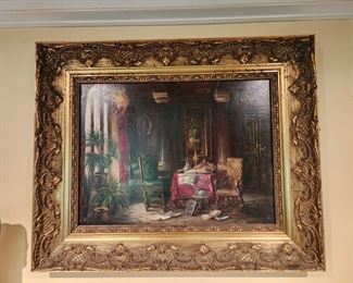 Gold Framed Painting of Home Interior, 21” w x 17” h
