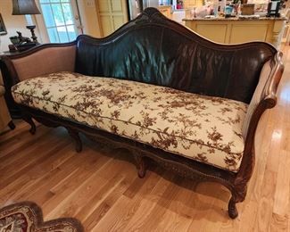 Elegant Rolled Arm Leather Back Floral Upholstered Sofa, 81” w x 46” h x 36” d