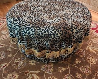 Large Round Ottoman in Leopard Print, 39” w, 17” h x 39” d 