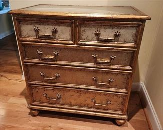 Pair of Silver/Gold Maitland Smith 5 Drawer Chests w/ Beautiful Sun Drawer Pulls, 33 1/2” w x 35 1/2 h x 19” d