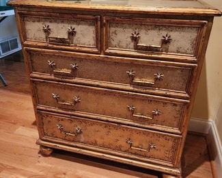 Pair of Silver/Gold Maitland Smith 5 Drawer Chests w/ Beautiful Sun Drawer Pulls, 33 1/2” w x 35 1/2 h x 19” d