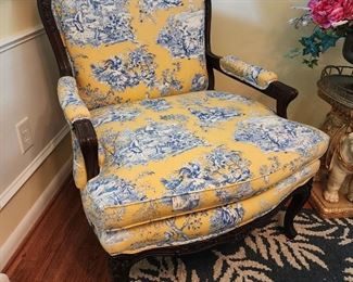 French Provincial Hickory White Yellow/Blue Toile Upholstery Chair, 34” w x 42” h x 30” d