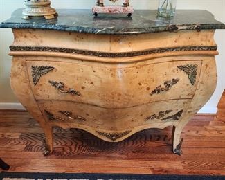2 Drawer French Style Marble Top Burl Veneer Chest, 48” w x 36” h x 20” d
