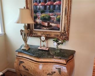 2 Drawer French Style Marble Top Burl Veneer Chest, 48” w x 36” h x 20” d