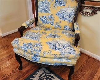 French Provincial Hickory White Yellow/Blue Toile Upholstery Chair, 34” w x 42” h x 30” d