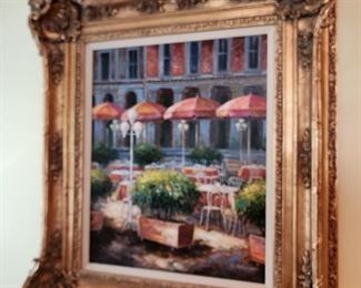 Large Gold Framed Parisian Sidewalk Cafe Oil Painting, Signed Gilianno, 38” w x 44” h