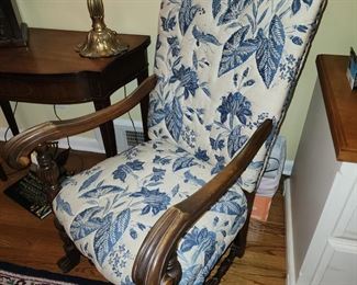 19th Century Style Blue/Cream Upholstered Throne Chair, 27 1/2” w x 48” h x 28” d