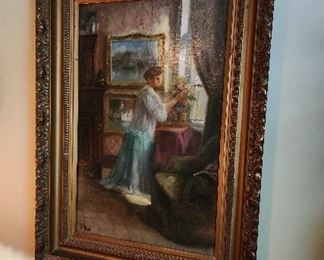 Framed Oil Painting of Woman w/ Flower Vase, Signed N Miot, 27” w x 38” h